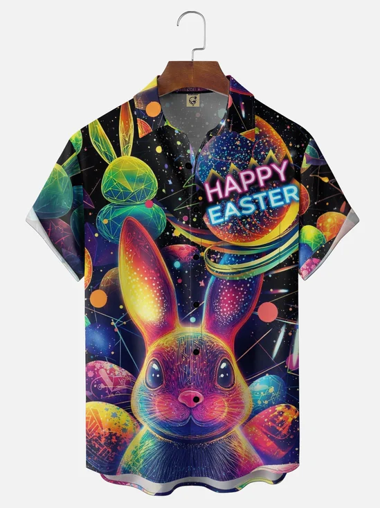 Moisture Wicking Easter Gradient Neon Bunny Easter Egg Chest Pocket Holiday Shirt