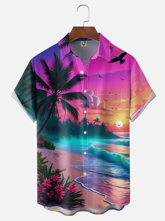 Moisture-wicking Island Beach Fantasy Art Chest Pocket Hawaiian Shirt