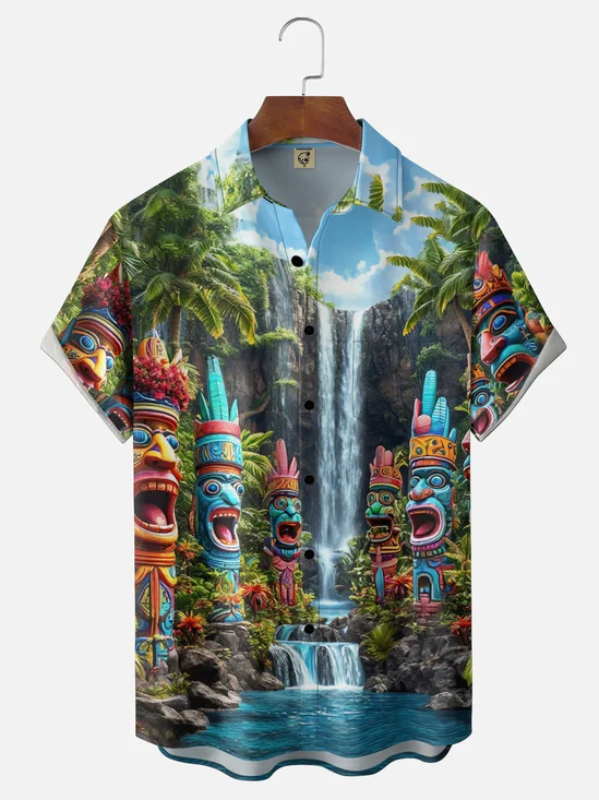 Moisture-wicking Forest TIKI Art Fun Chest Pocket Hawaiian Shirt