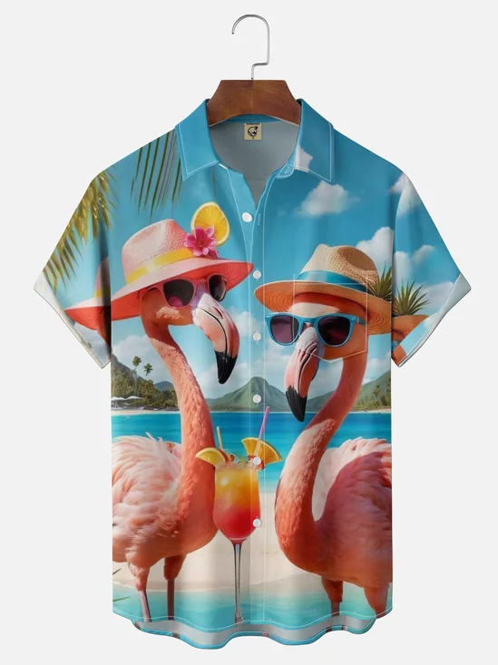 Moisture-wicking Flamingo Cocktail Party Fun Chest Pocket Hawaiian Shirt