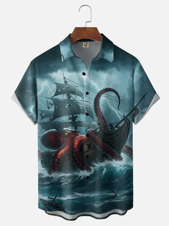 Moisture-wicking Giant Octopus Fun Pirate Ship Chest Pocket Hawaiian Shirt