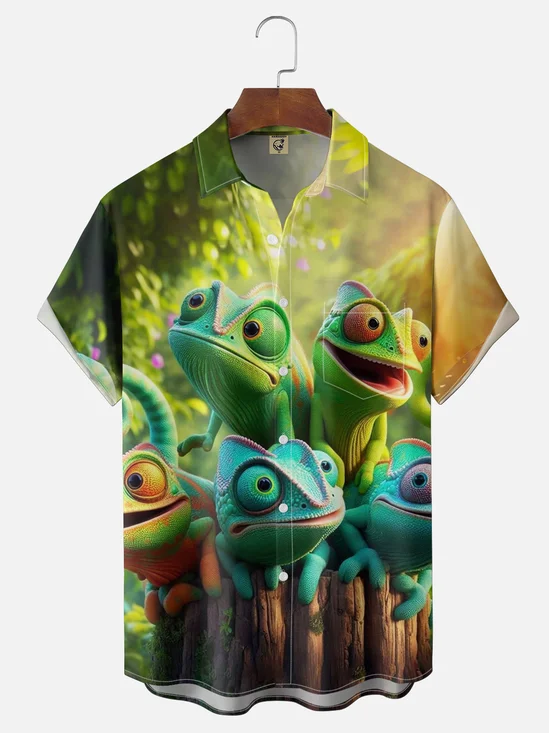 Moisture-wicking Chameleon Lizard Forest Fun Chest Pocket Hawaiian Shirt