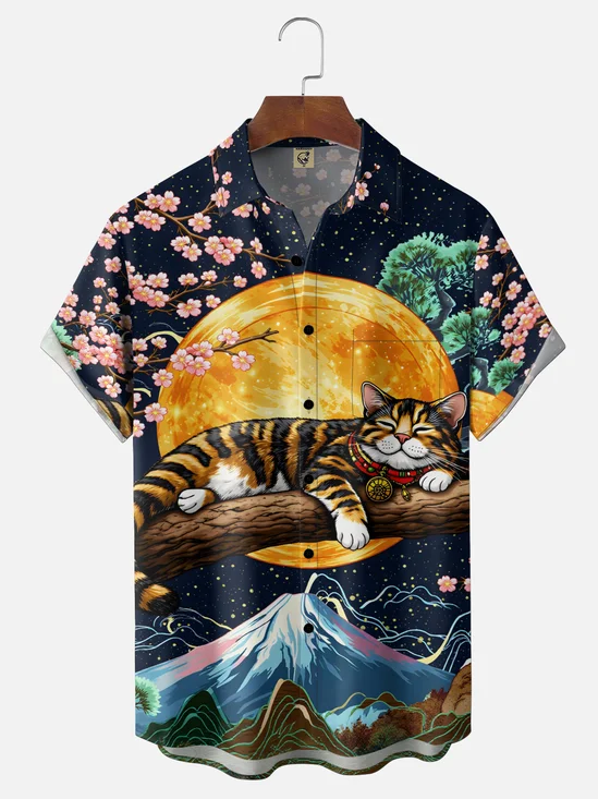 Moisture Wicking Japanese Culture Cats Cherry Blossoms Chest Pocket Holiday Shirt