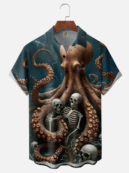 Moisture-wicking Giant Octopus Skull Fun Chest Pocket Hawaiian Shirt
