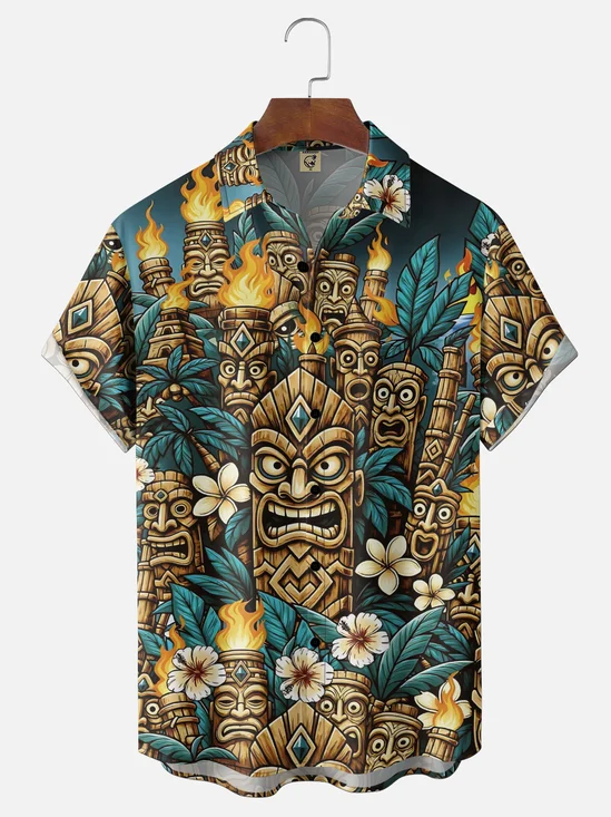 Moisture Wicking Tropical Plants Flowers TiKi Chest Pocket Holiday Shirt