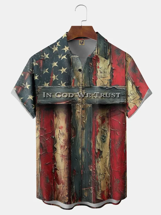 Moisture Wicking American Flag In God We Frust Chest Pocket Holiday Shirt