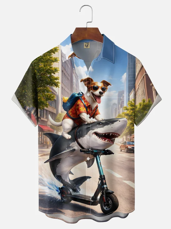 Moisture-wicking Dog Riding Shark Fun Chest Pocket Hawaiian Shirt