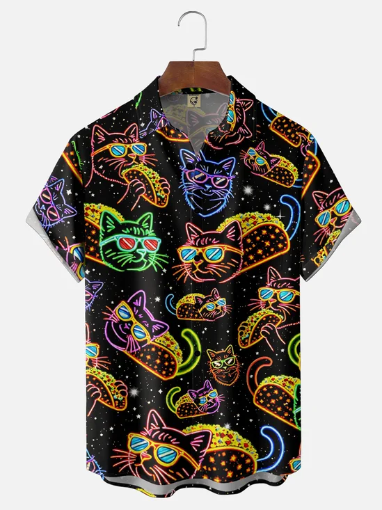 Moisture Wicking Neon Cat Taco Chest Pocket Holiday Shirt