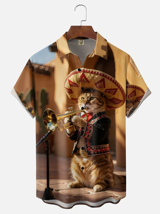 Moisture-wicking Cinco de Mayo Cat Music Chest Pocket Casual Shirt