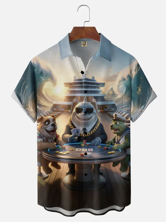 Moisture-wicking Shark Turtle Cruise Chest Pocket Casual Shirt