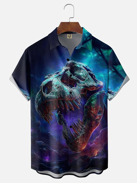 Moisture-wicking Dreamy Giant Dinosaur Skull Art Fun Chest Pocket Hawaiian Shirt