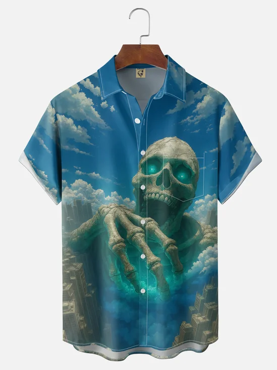 Moisture-wicking Dreamy Oversized Skull Art Fun Chest Pocket Casual Shirt