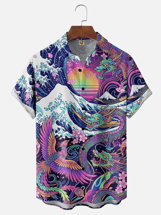 Moisture Wicking Japanese Ukiyo-e Wave Dragon Phoenix Chest Pocke Holiday Hawaiian Shirt