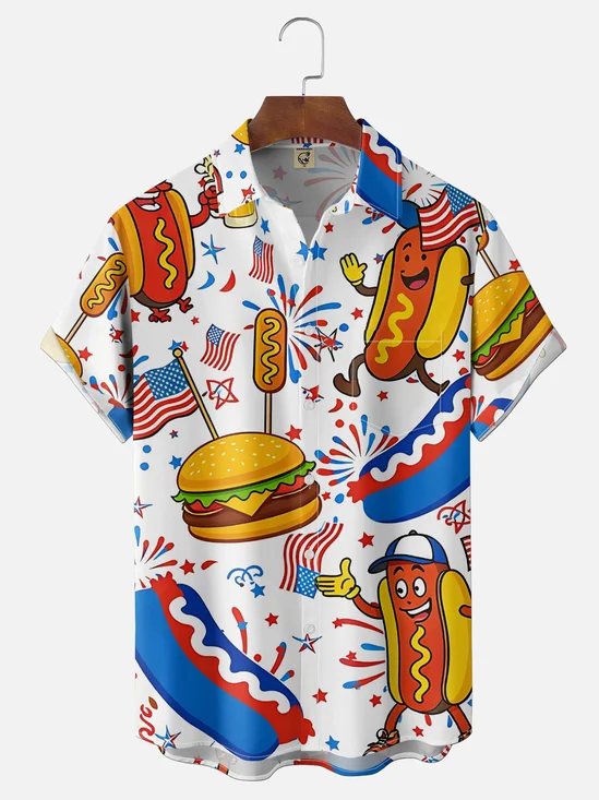 Moisture Wicking Gradient American Flag Hot Dog Sandwich Chest Pocket Holiday Shirt