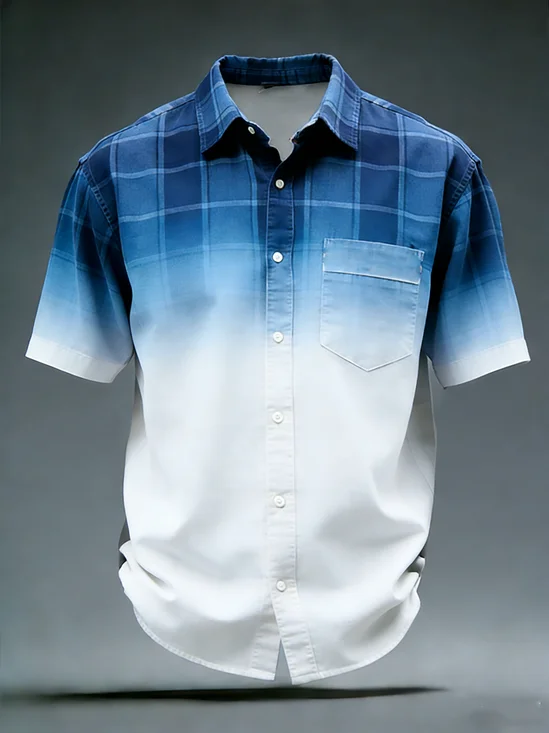 Moisture Wicking Gradient Check Chest Pocke Holiday Hawaiian Shirt