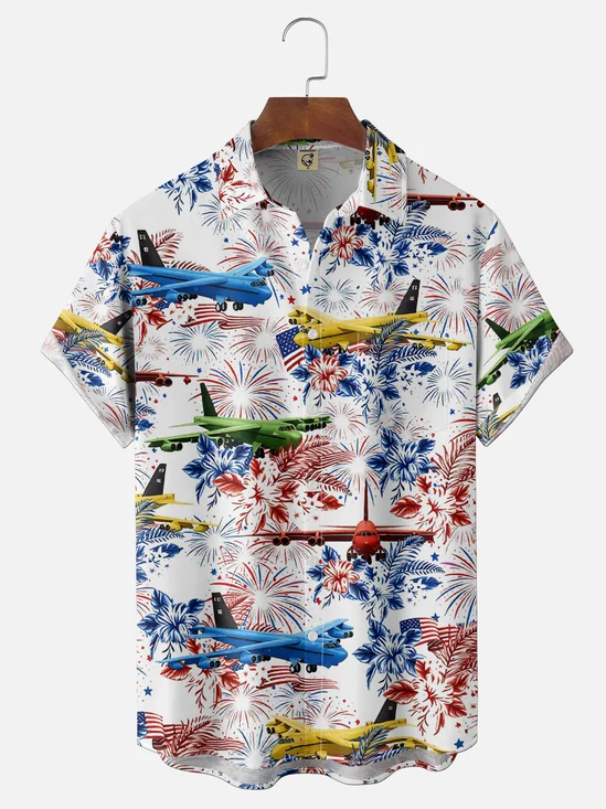 Moisture Wicking American Flag Airplane Flowers Fireworks 250th Anniversary Chest Pocket Holiday Shirt