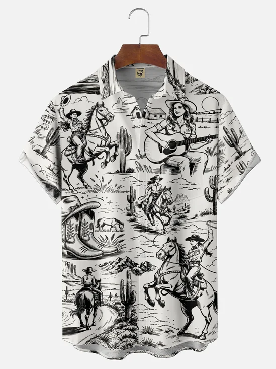 Moisture Wicking Western Culture Riding Boots Cactus Horse Guitar Chest Pocket Holiday Shirt