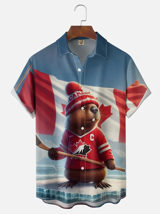 Moisture Wicking Canadian Flag Hockey Beaver Chest Pocke Holiday Hawaiian Shirt