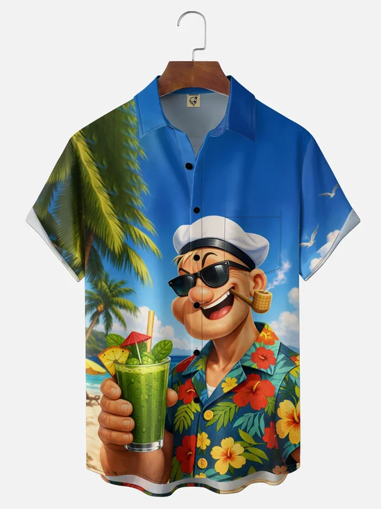 Moisture Wicking Tropical Island Vacation Sailor Chest Pocke Holiday Hawaiian Shirt