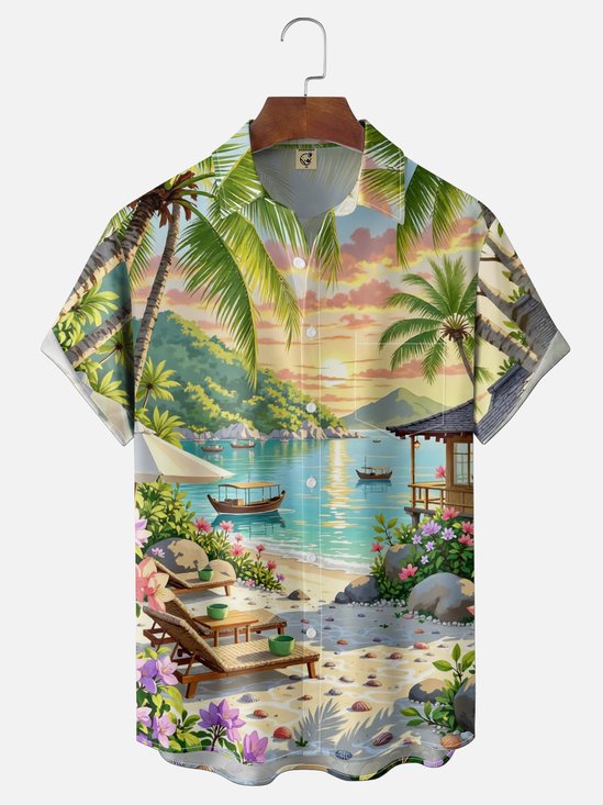 Moisture-wicking Dream Beach Vacation Scenery Chest Pocket Hawaiian Shirt