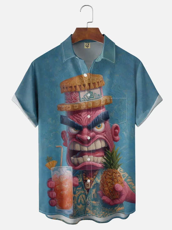 Moisture-wicking TIKI Fun Beer Art Chest Pocket Hawaiian Shirt