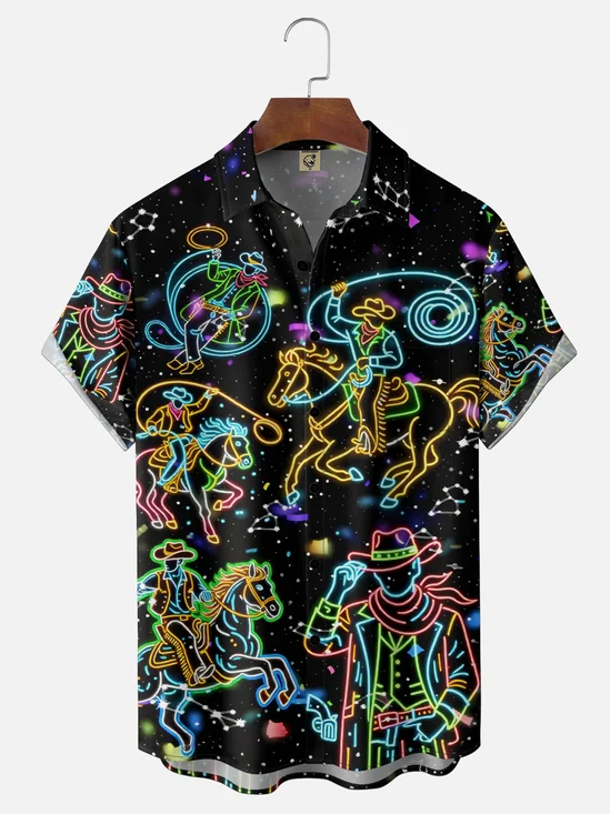 Moisture Wicking Western Cowboy Neon Color Horse Riding Cowboy Hat Chest Pocket Holiday Shirt