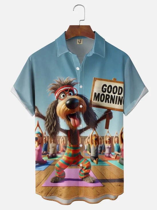 Moisture-wicking Good Morning Fun Yoga Dog Chest Pocket Hawaiian Shirt