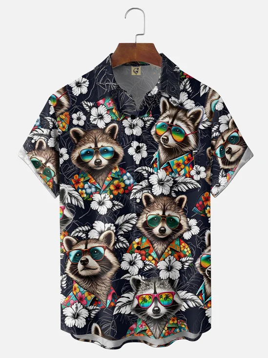 Moisture Wicking Gradient Colors Raccoon Tropical Plants Flowers Chest Pocket Holiday Shirt