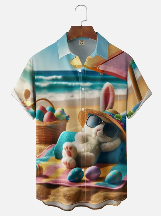 Moisture-wicking Easter Fun Rabbit Egg Beach Chest Pocket Casual Shirt