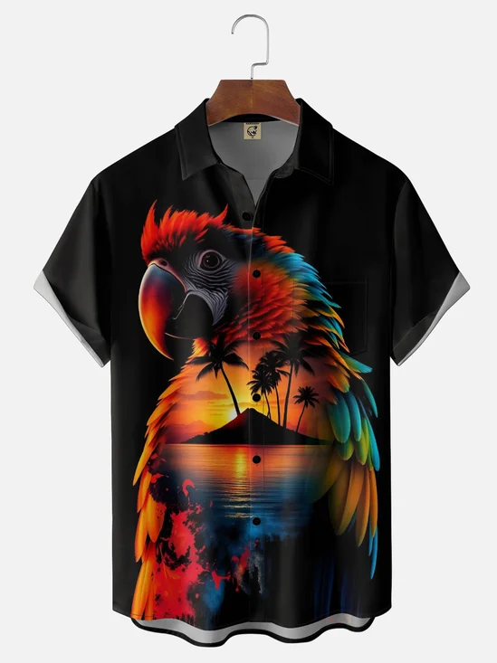 Moisture Wicking Gradient Sunset Parrot Coconut Tree Chest Pocket Holiday Shirt