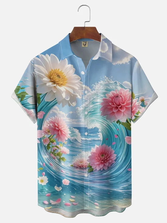 Moisture-wicking Dream Beach Floral Chest Pocket Hawaiian Shirt