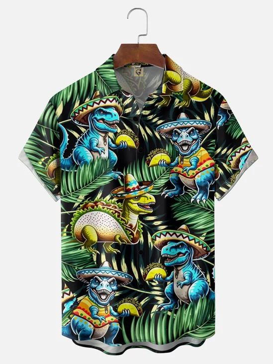 Moisture Wicking May Day Tropical Plant Dinosaur Tacos Chest Pocket Holiday Shirt