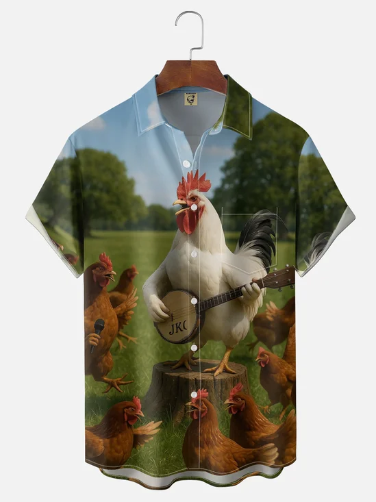 Moisture-wicking Chicken Concert Fun Chest Pocket Hawaiian Shirt