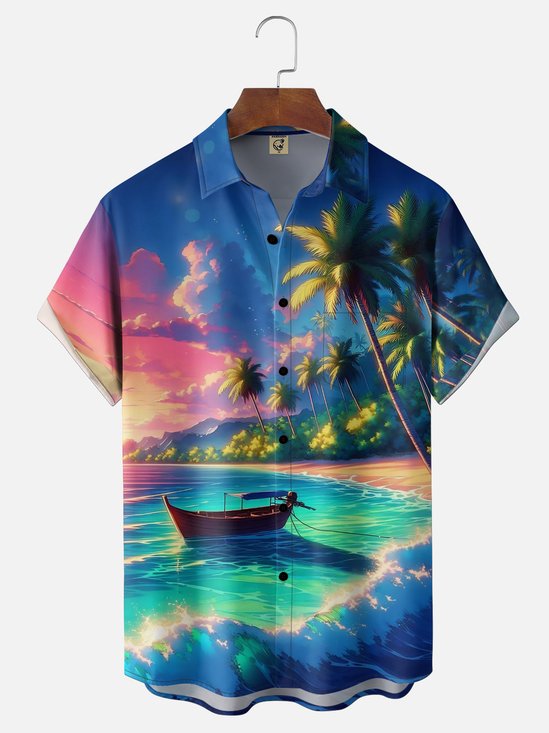 Moisture-wicking Dream Beach Vacation Scenery Chest Pocket Hawaiian Shirt