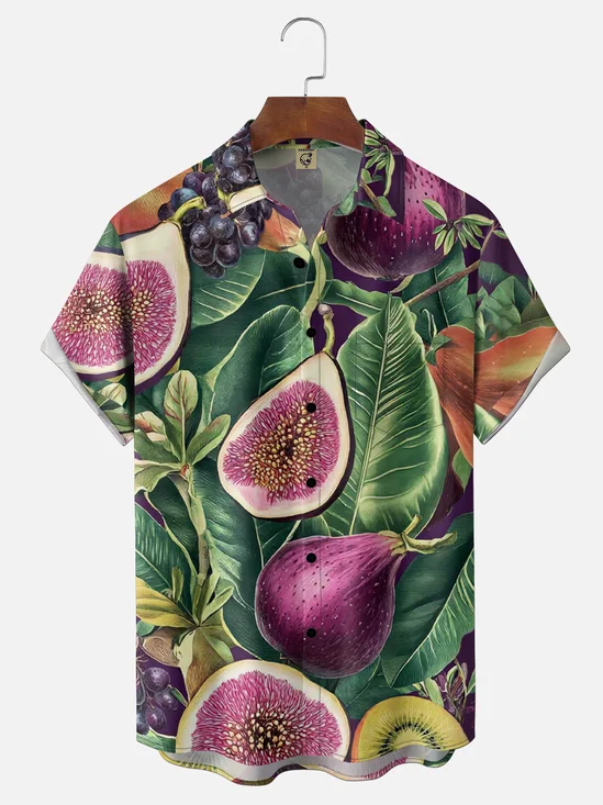 Moisture-wicking Vintage Fig Plant Floral Chest Pocket Hawaiian Shirt