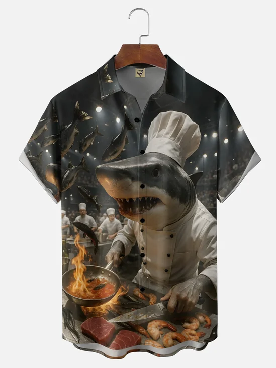 Moisture-wicking Shark BBQ Party Fun Chest Pocket Hawaiian Shirt