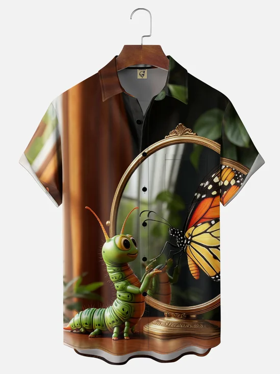 Moisture-wicking Butterfly Metamorphosis Fun Chest Pocket Hawaiian Shirt