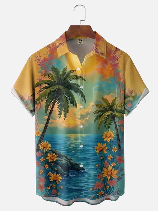 Moisture-wicking Dream Beach Vacation Scenery Chest Pocket Hawaiian Shirt