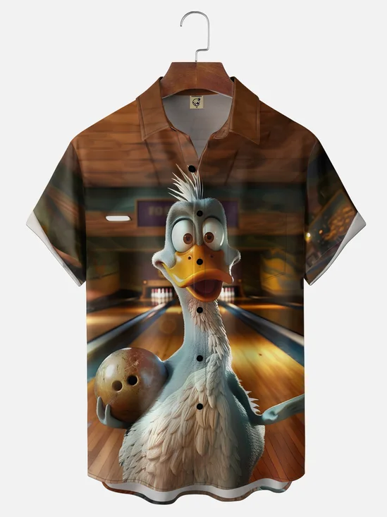Moisture-wicking Duck Bowling Fun Chest Pocket Hawaiian Shirt