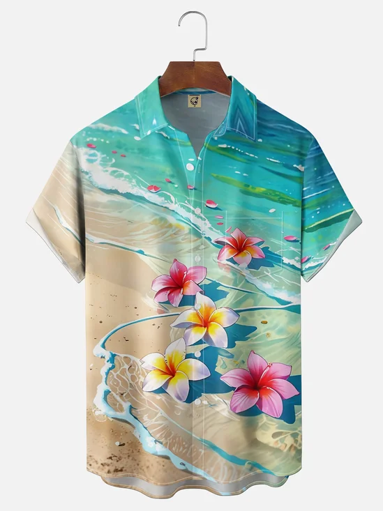 Moisture-wicking Dream Beach Floral Chest Pocket Hawaiian Shirt