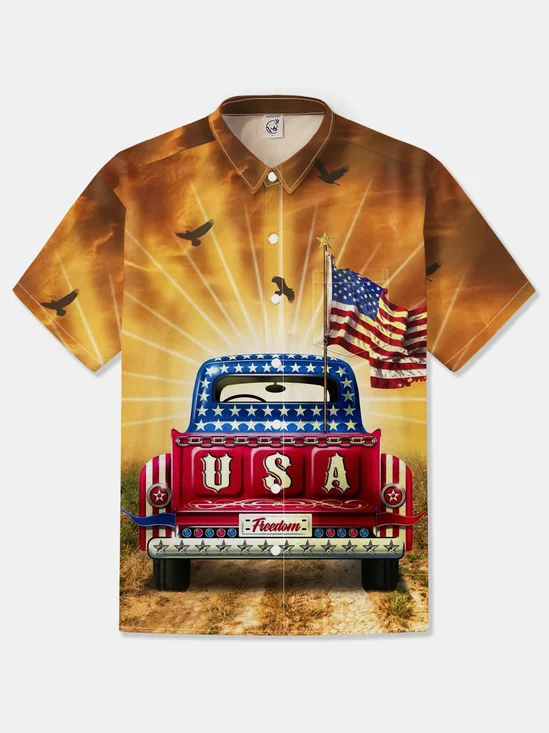 Moisture-wicking Independent Day American Flag Vintage Car Freedom Chest Pocket Patriotic Shirt