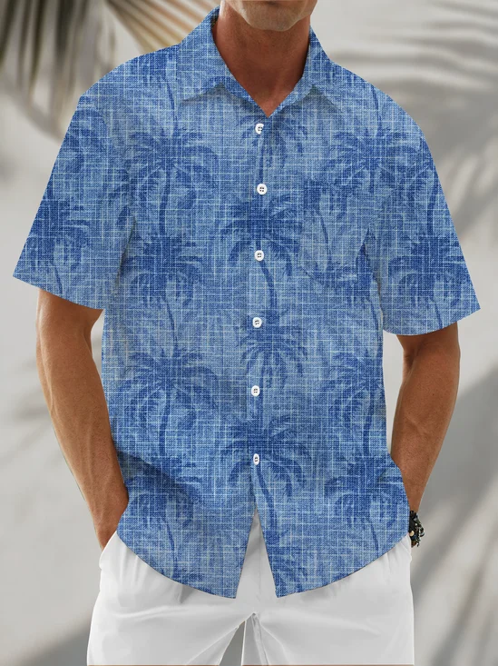 Linen Textured Coconut Tree Chest Pocke Holiday Hawaiian Shirt