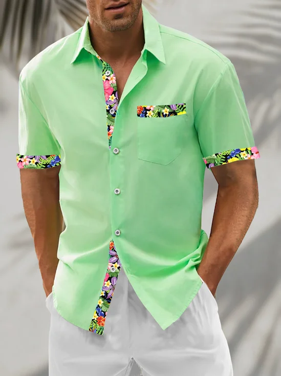 Linen Textured Solid Color Patchwork Floral Pattern Chest Pockel Holiday Hawaiian Shirt