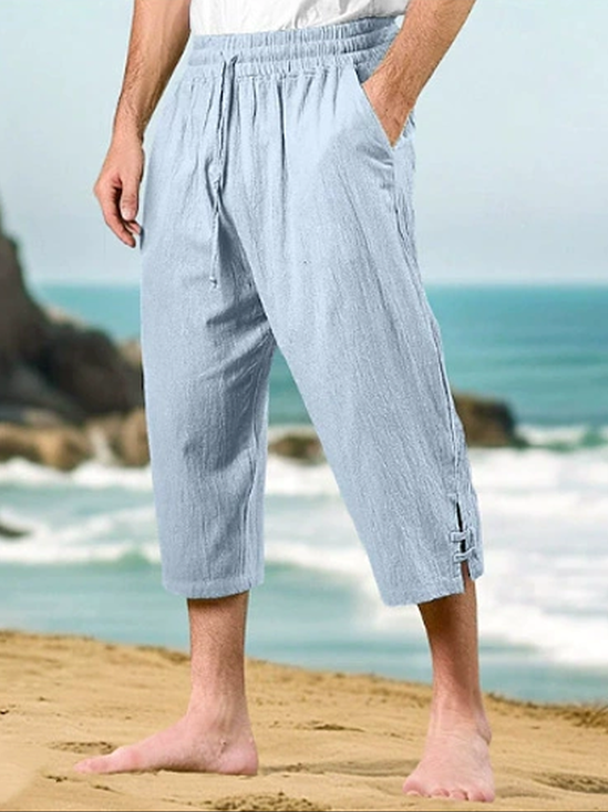 Cotton And Linen Solid Color Breathable Drawstring Elastic Waist Casual Capri Pants