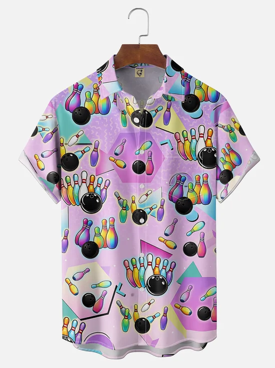 Moisture Wicking Gradient Neon Bowling Ball Geometric Chest Pocket Holiday Shirt