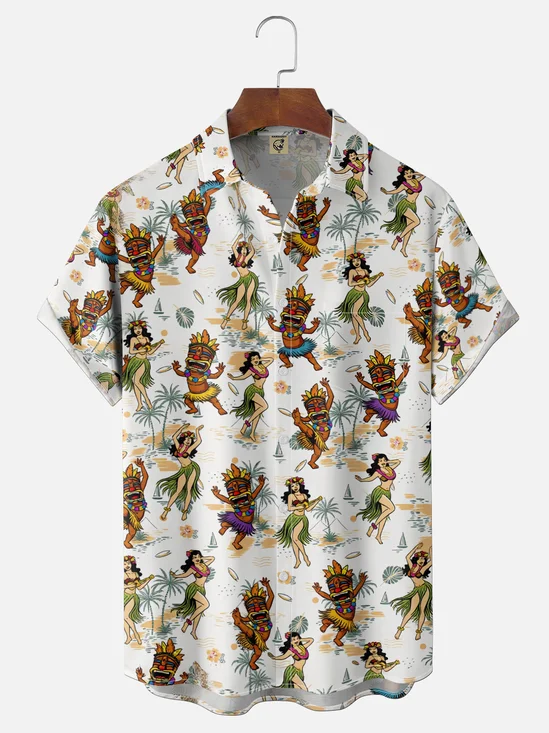 Moisture Wicking Hula Dancer TiKi Coconut Tree Chest Pocket Holiday Shirt