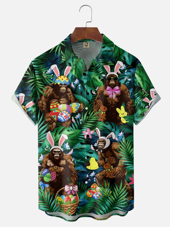 Moisture Wicking Easter Bunny Ears Bigfoot Easter Eggs Tropical Plants Chest Pocket Holiday Shirt