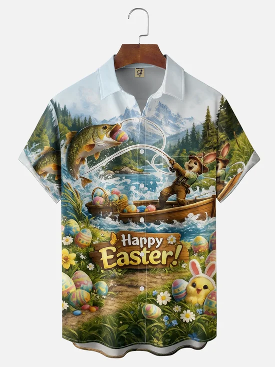 Moisture Wicking Easter Bunny Fishing Egg Chest Pocke Holiday Hawaiian Shirt