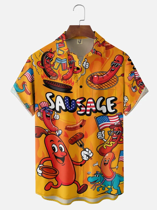 Moisture Wicking Independence Day American Flag BBQ Hot Dog Chest Pocket Holiday Shirt