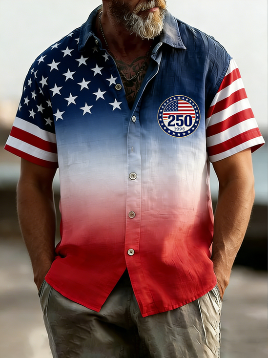 Linen Texture Gradient American Flag 250th Anniversary Independence Day Chest Pocke Holiday Hawaiian Shirt